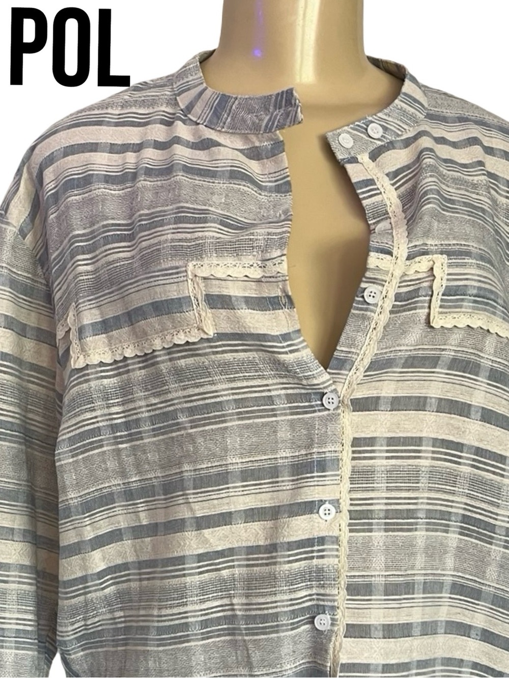 POL Lace Trim Blue Stripe Button Front Boho Blouse Top Small NWOT